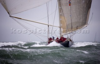 J Class racing in the J Class Regatta on The Solent, Isle of Wight, UK on July 18th 2012. Winds gusted over 30 knots during a close fought two hour race between four giant yachts built in the 1930s to race in the Americas Cup