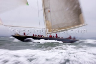 J Class racing in the J Class Regatta on The Solent, Isle of Wight, UK on July 18th 2012. Winds gusted over 30 knots during a close fought two hour race between four giant yachts built in the 1930s to race in the Americas Cup