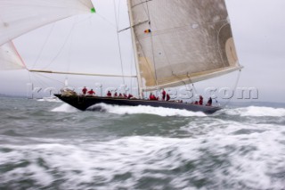 J Class racing in the J Class Regatta on The Solent, Isle of Wight, UK on July 18th 2012. Winds gusted over 30 knots during a close fought two hour race between four giant yachts built in the 1930s to race in the Americas Cup