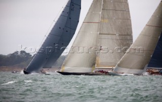 J Class racing in the J Class Regatta on The Solent, Isle of Wight, UK on July 18th 2012. Winds gusted over 30 knots during a close fought two hour race between four giant yachts built in the 1930s to race in the Americas Cup